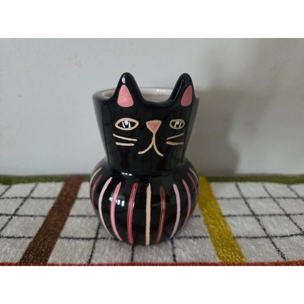 Black Cat Ceramic Bud Vase Striped Hand Painted Decorative Figurine 4 inch